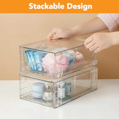 2 Pack Stackable Storage Drawers,Plastic Organizers Bins, Drawers Storage with Handles and Movable Dividers for Organization and Storage in Fridge,Bathroom, Pantry, Kitchen Cabinets, Under Sink - size: 2Pack 4.4"H-with Dividers