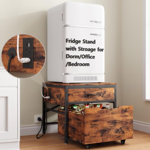 MAJALiS Mini Fridge Riser Stand Table Cabinet Shelf with Storage Space | Beverage Station To Go Over Small Refrigerator With Power Outlet, Metal Minifridge Organizer For Dorm, Office, College - color: Brown-with Power Outlet