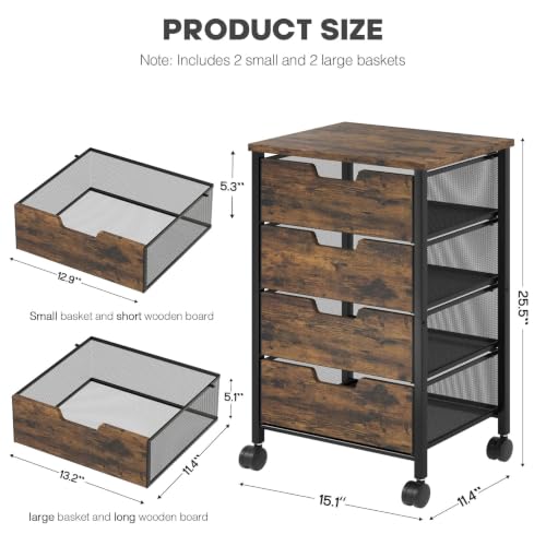 Rolling Cart with Drawers, Wooden Top and Front, with Wheels Metal Under Desk Storage Cart with 4 Drawers, for Office, Bedroom, Classroom, Home, Rustic Brown - color: Rustic Brown