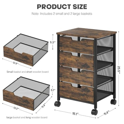 Rolling Cart with Drawers, Wooden Top and Front, with Wheels Metal Under Desk Storage Cart with 4 Drawers, for Office, Bedroom, Classroom, Home, Rustic Brown - color: Rustic Brown