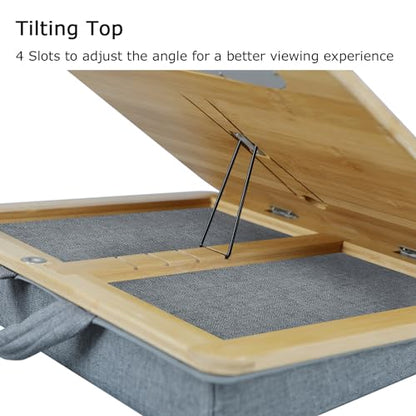Adjustable Lap Desk for Laptop with Cushion, Bamboo Laptop Stand with Anti-Slip Strip Tablet Phone Holder, Fits up to 15.6 inch or 14 inch with Mouse Space - size: 16.5"x13.4" Height-adjustable