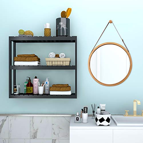 Domax Bamboo Bathroom Shelf 3-Tier Wall Mount Storage Rack Multifunctional Adjustable Layer Free Standing Over Toilet Utility Shelves Living Room Kitchen (Black) - color: Black