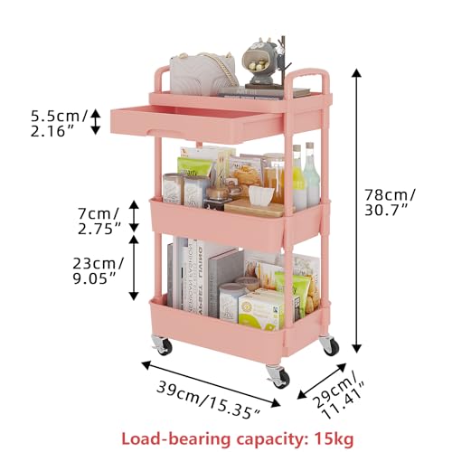 Calmootey 3-Tier Rolling Utility Cart with Drawer,Multifunctional Storage Organizer with Plastic Shelf & Metal Wheel,Storage Cart for Kitchen,Bathroom,Living Room,Office,Pink | Space-Saving Organizer, Sturdy Plastic Shelves, Smooth-Rolling Metal Wheels, B