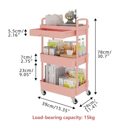 Calmootey 3-Tier Rolling Utility Cart with Drawer,Multifunctional Storage Organizer with Plastic Shelf & Metal Wheel,Storage Cart for Kitchen,Bathroom,Living Room,Office,Pink | Space-Saving Organizer, Sturdy Plastic Shelves, Smooth-Rolling Metal Wheels, B