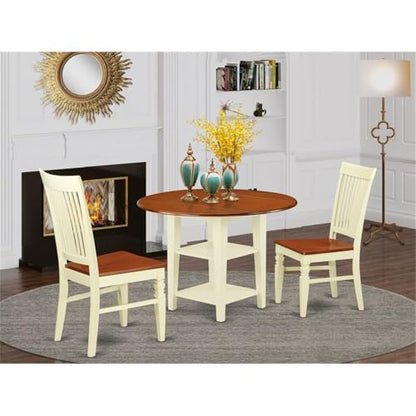 East West Furniture SUWE3-BMK-W 3 Piece Kitchen Table & Chairs Set Contains a Round Dining Table with Dropleaf & Shelves and 2 Dining Room Chairs, 42x42 Inch, Buttermilk & Cherry - style: SUWE3-BMK-W