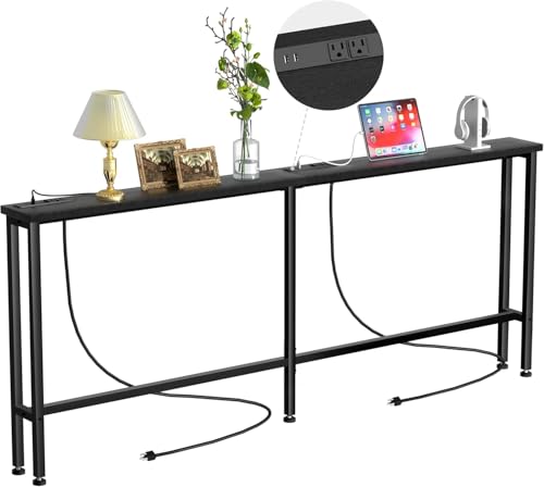 Keelian 102" Narrow Console Sofa Table - 2 Power Outlets & 4 USB Ports, Metal Frame, Black, Perfect for Hallway, Office, and Behind Sofa - Easy Assembly, 4.9' Extension Cord Included - color: Black, size: 102IN