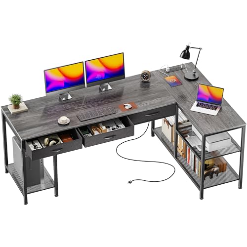PRAISUN 63 Inch L Shaped Office Desk with Power Outlets and Type-C Port, Large Computer Gaming Desk with 3 Fabric Drawers, Mesh Shelves, Corner Study Work Writing Desk, Grey - color: Grey, size: 63inch