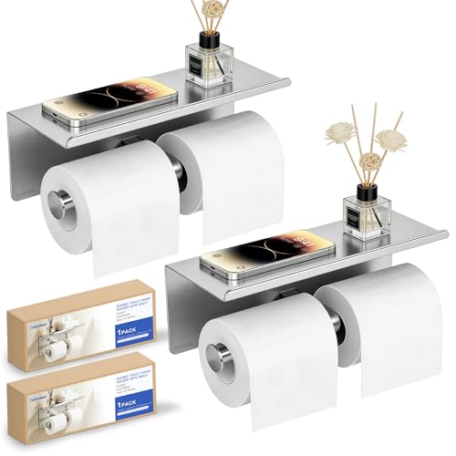 2 Pack Double Toilet Paper Holder with Shelf, Wall Mount Tissue Roll Holder for Bathroom, Heavy Duty 304 Stainless Steel Commercial Toilet Paper Dispenser with Phone Shelf - Brushed Nickel