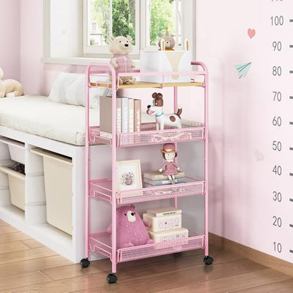 TOOLF 4-Tier Rolling Cart, Metal Utility Cart, Slide Out Storage Cart with Wooden Tabletop and Mesh Baskets, Easy Assemble Trolley for Kitchen Bathroom Laundry Room Bedroom Apartments Dormitory - size: Wide, style: Pink