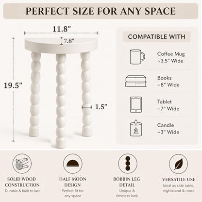 LitaEther Bobbin Side Table, Solid Wood Half Moon End Table, Small Wooden Accent Table with Chunky Turned Legs, Plant Stand for Living Room Bedroom Entryway, Modern Farmhouse Bedside Table, White - color: White