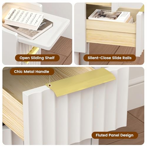 Fluted Narrow Nightstand with Charging Station, Solid Wood Night Stand with 2 Drawers, White Mid Century Modern Led Nightstand, Small Beside Table with Open Storage Shelf for Bedroom （10 inch） - color: White