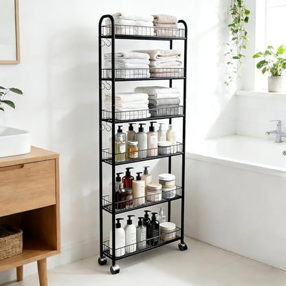 6in 6 Tier Slim Storage Cart with Wheels, Narrow Space Rolling Shelving Unit, Metal Wire Mobile Organizer Rack for Kitchen Bathroom Office Laundry - size: 6in Black Cart