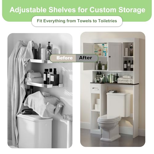 Over The Toilet Storage Cabinet with 7 Shelves, Imitation Walnut Grain Above Toilet Bathroom Organizer with Toilet Paper Holder Stand, Space Saver for Restroom, Laundry, Bathroom (White) - color: White