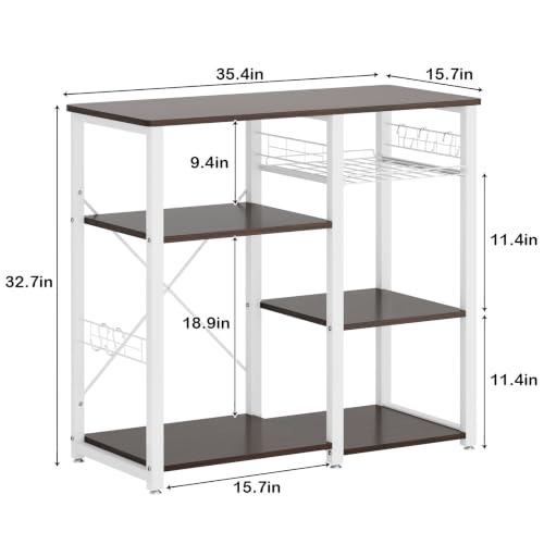 soges 3-Tier Kitchen Baker's Rack, Compact Microwave Stand, Walnut Black | Space-saving for Apartments, Kitchen, Pantry, Living Room, Sliding Storage Basket, 5 Hooks, Sturdy X-Frame, Easy Assembly - color: Walnut Black