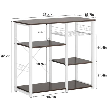 soges 3-Tier Kitchen Baker's Rack, Compact Microwave Stand, Walnut Black | Space-saving for Apartments, Kitchen, Pantry, Living Room, Sliding Storage Basket, 5 Hooks, Sturdy X-Frame, Easy Assembly - color: Walnut Black