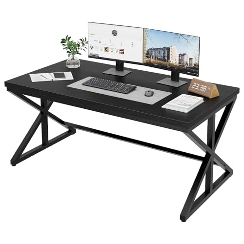 55 Inch Black Home Office Desks, Modern Computer Desk for Writing Study | Black Wood Metal Simple Gaming Work Table for Bedroom, Industrial Wooden Pc Workstation Oak Executive Desk - color: Black Oak, size: 55 Inch