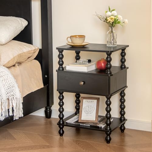 AWASEN Black Nightstand, Bed Side Table Bedroom with Drawer, 3-Tier Small Night Stand End Table with Storage for Small Spaces &Solid Wood Spindle Legs, Black - color: Black