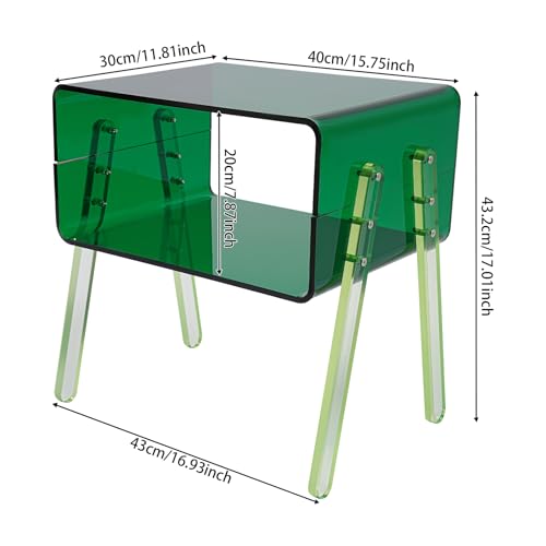 Acrylic Side Table, 2-Tier End Table with Open Storage for Small Spaces, Green Modern Nightstand for Bedroom, Living Room, Apartment - color: Green