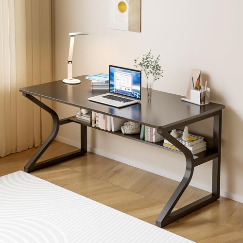 OSCHF 47.3-Inch Writing Desk with Storage Shelf, Black | Space-saving, Single-Person Workstation, Modern Study Gaming Computer Desk, Suitable for Home Office, Bedroom and Dorms - color: Black, size: 47.3x23.6 inch