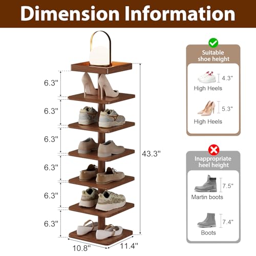 6-Tier Vertical Shoe Rack, Narrow Shoe Tower for Small Space - color: Walnut, size: 11.4"D×10.8”W×43.3"H