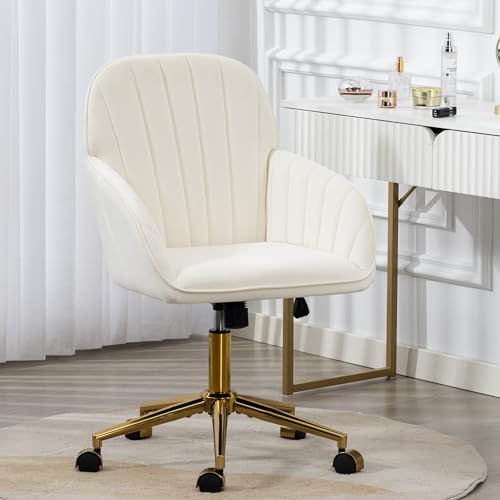 Velvet Make Up Vanity Chair with Wheels and Gold Base 330 Lbs - Beige | Home office Chair, Study Chair, Teacher Chair, Cute Chair, Height Adjustable Swivel Desk Chair, for Living Room Study Room - color: Beige