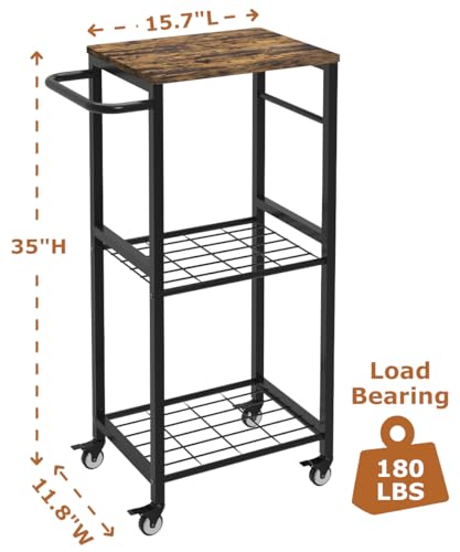 Kitchen Microwave Stand Cart with Storage Rack, 3-Tier Rolling Kitchen Side Table on Wheels with 8 Hooks, Utility Small Coffee Shelf Organizer for Living Room, Bedroom, Bathroom, Office, Black