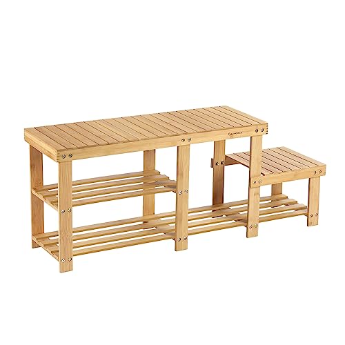 SONGMICS 2-Tier Shoe Bench Boot Organizing Rack Entryway Storage Shelf with High and Low Levels for Adult and Child Bamboo LBS120N - color: Light Bamboo, size: 11.1"D x 44.1"W x 17.7"H, style: Without Cushion