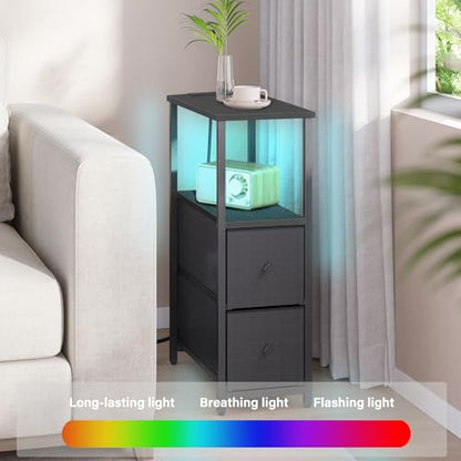 TUTOTAK Narrow LED End Table, Skinny Side Table with Charging Station | Bedside Table with Outlets, Slim Nightstand with 2 Cloth Drawers for Small Space, Living Room, Bedroom, Black TB01BK085L - color: Black, size: 1 Pack (2 Drawers), style: Plug & LED