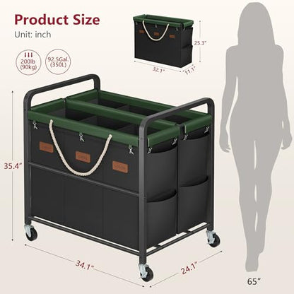 350L Extra Large Laundry Cart, Laundry Hamper 6 Section, Black | Large Capacity, Heavy Duty Lockable Wheels, Sturdy Metal Frame, Leather Patchwork, Removable Bags - color: Black, size: 6 Bag 350L