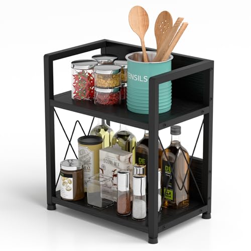 Aduanbang Coffee Bar Accessories Organizer, Seasoning Organizer, 2 Tier Wooden Kitchen Counter Shelf, Coffee Organizer Station for Countertop, Coffee Condiment Rack for Mugs, Cups, Cream, Syrup - color: Black
