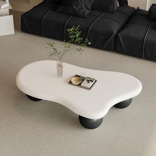 47.2” Cloud Coffee Table with 3 Ball Legs, Modern Irregular Center Table for Living Room, Low Cute Small MDF Tea Table for Bedroom, Space Apartment-White Black - color: Cloud-47" White Black