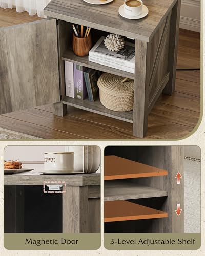 WLIVE Farmhouse Nightstand with Charging Station, End Table with Barn Door and Adjustable Storage Shelf, Rustic Wood Night Stand, 18" Modern Bedside Table for Bedroom, Greige - color: Greige