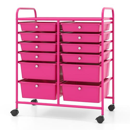 COSTWAY 12-Drawer Rolling Storage Cart, Moveable Art Craft Organizer | Lockable Wheels, Metal Shelf, Files Arrangement Tools Makeup Storage Cart for Office, Home, School (Hot Pink) - color: Hot Pink, size: 12 Drawer