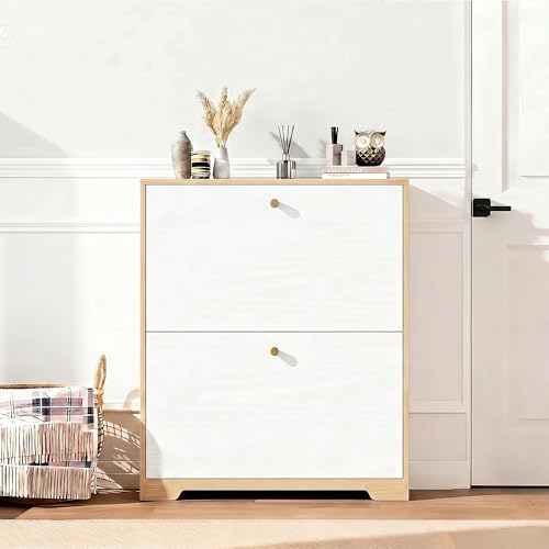 Nicetree Shoe Cabinet with 2 Flip Drawers, Narrow Shoe Organizer Cabinet, Freestanding Shoe Rack Cabinet, Modern Shoe Storage Cabinet for Entryway, Hallway, Foyer, Natural Oak and White with Hook - color: Natural Oak and White, style: 2-Drawers with Hook