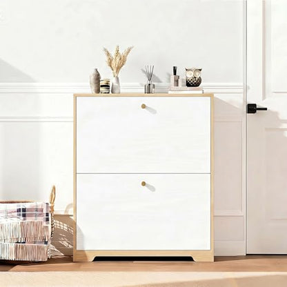 Nicetree Shoe Cabinet with 2 Flip Drawers, Narrow Shoe Organizer Cabinet, Freestanding Shoe Rack Cabinet, Modern Shoe Storage Cabinet for Entryway, Hallway, Foyer, Natural Oak and White with Hook - color: Natural Oak and White, style: 2-Drawers with Hook