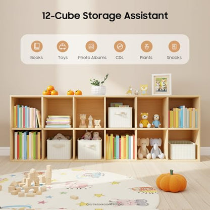 12-Cube Solid Wood Bookshelf, 2-Tier Storage Organizer Semi-Open Floor Display Shelf Closet Cabinet for Home Office Library School, 12" D x 71" W x 24" H - size: 12-Cube, 12"D x 71"W x 24"H