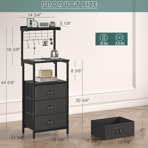sthmec Bedside Tables Tall Nightstands with Charging Station, LED Bedside Table for Bedroom - 3 PU Fabric Drawers, Hooks, Black - color: Black, style: 3 Darwers