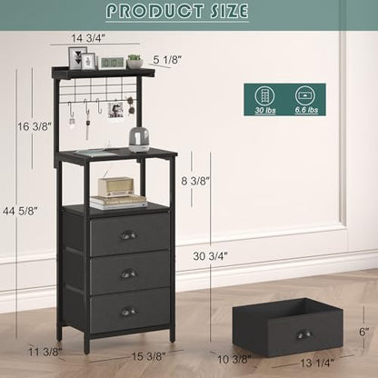 sthmec Bedside Tables Tall Nightstands with Charging Station, LED Bedside Table for Bedroom - 3 PU Fabric Drawers, Hooks, Black - color: Black, style: 3 Darwers