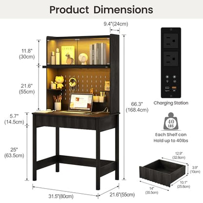 Lvifur 31.5" Small Study Desk with - Drawer & Hutch,Computer Desk with Charging Station,Compact Writing Desk with LED Reading Lights,Home Office Desks for Small Spaces,Bedroom Study Room,Black - color: Black