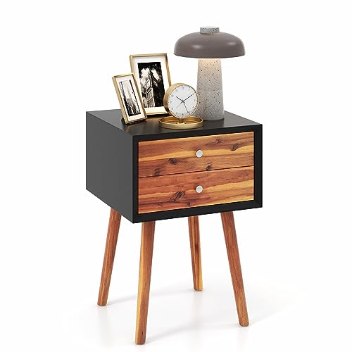 GOFLAME Nightstand with 2 Drawers, Small Wooden Side Table, Mid Century Modern Bedside Table with Storage, Compact End Table for Bedroom, Easy Assembly, Black & Natural - color: Black & Natural