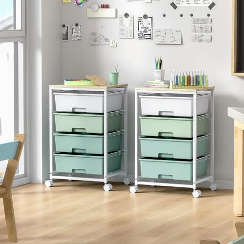 SYKIARIOL Rolling Cart with Drawers, 4-Drawer Utility Cart,Gradient Grey | Rolling Storage Cart with Drawers with Wooden Tabletop for Bedroom,Kid's Room,Dorm,Classroom,Office - color: Green