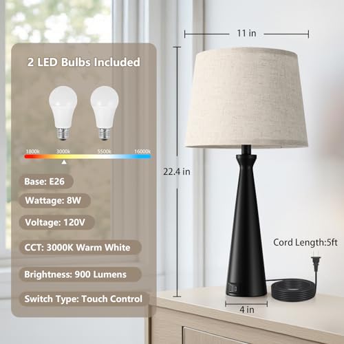 Seealle Modern Table Lamps Set of 2 - Touch Bedside Lamp for Nightstand with Dual USB C+A,3-Way Dimmable Nightstand Lamps for Living Room Bedroom End Table with Beige Shade(Bulb Included) - color: E. Black-Beige