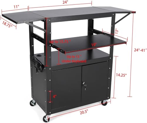Mobile AV Cart with Lockable Cabinet, Adjustable Height Laptop Stand with Extension Rack, Drop Leaf Workstation, Extra Storage Space, Power Strip Included, Rolling Utility Cart