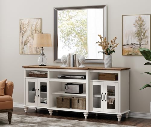 WAMAPT Buffet Cabinet with 4 Glass Doors, Large Coffee Bar Tables Wood Kitchen Storage Cabinets with 9 Storages, Modern Farmhouse Sideboard Credenza, Antique White, 70 inch - color: White