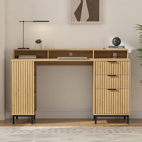 55'' Fluted Executive Desk with Drawers, Modern Home Office Computer Desk with Charging Station, File Drawer, Monitor Stand, Storage Shelf for Work Writing Study, Natural Oak - color: Nautral Oak, size: 55.1"W x 21.6"D x 34.2"H