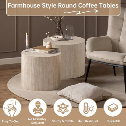 Round Nesting Coffee Table Set of 2 Modern Small Round Coffee Table Travertine Side Table Small End Table Circular Coffee Tables Circle Nested Coffee Tables for Living Room (Travertine) - color: Travertine Regular