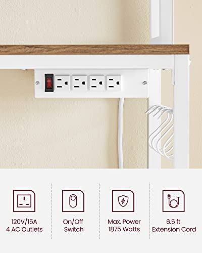 VASAGLE Bakers Rack with Power Outlet, Microwave Stand, Kitchen Tall Utility Storage Shelf, with Metal Wire Panel, 14 Hooks, 15.7 x 31.5 x 66.9 Inches, Rustic Walnut and Cloud White UKKS025W41 - color: Rustic Walnut + Cloud White, size: 31.5"W