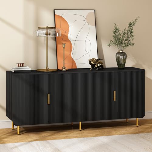 65" Fluted Sideboard Buffet Cabinet with Storage, Console Cabinet with 4 Doors & Adjustable Shelves, Modern Buffet Table for Kitchen Dining Living Room Hallway‌ Entryway, Black - color: Black