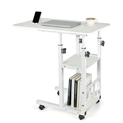 Adjustable C Table,Over Bed Table with Wheels,Rolling Side Table, Over Bed Table with Wheels, Bedside Table, for Sofa Side Small Space, Stable Multi Storage Desk (White) - color: White