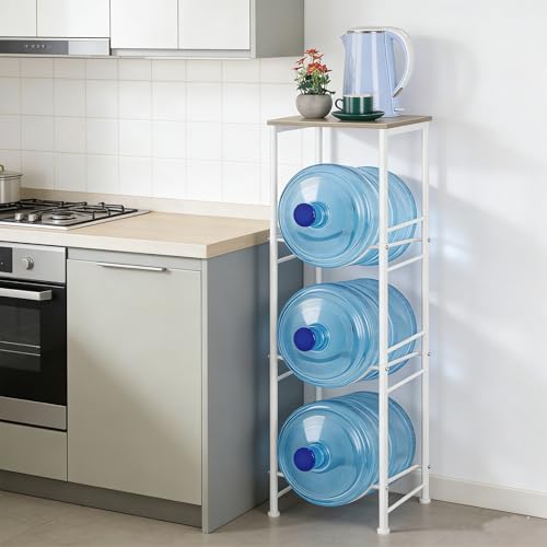 OYEAL Water Bottle Storage Holder 5 Gallon Drink Dispenser Stand with Table 3-Tier Heavy Duty Water Cooler Jug Rack Water Bottle Organizer for Kitchen, Office, Living Room, Rustic Grey - style: Round Tube Grey